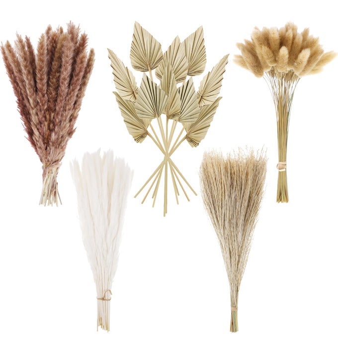 110pcs Dried Pampas Grass Decor Natural Color Bunny Tails Grass Fluffy Pampas Grass Small Stems Dried Flowers Bouquet Palm Fan Palm Spears Plant for Vase Cake Wedding Dcor
