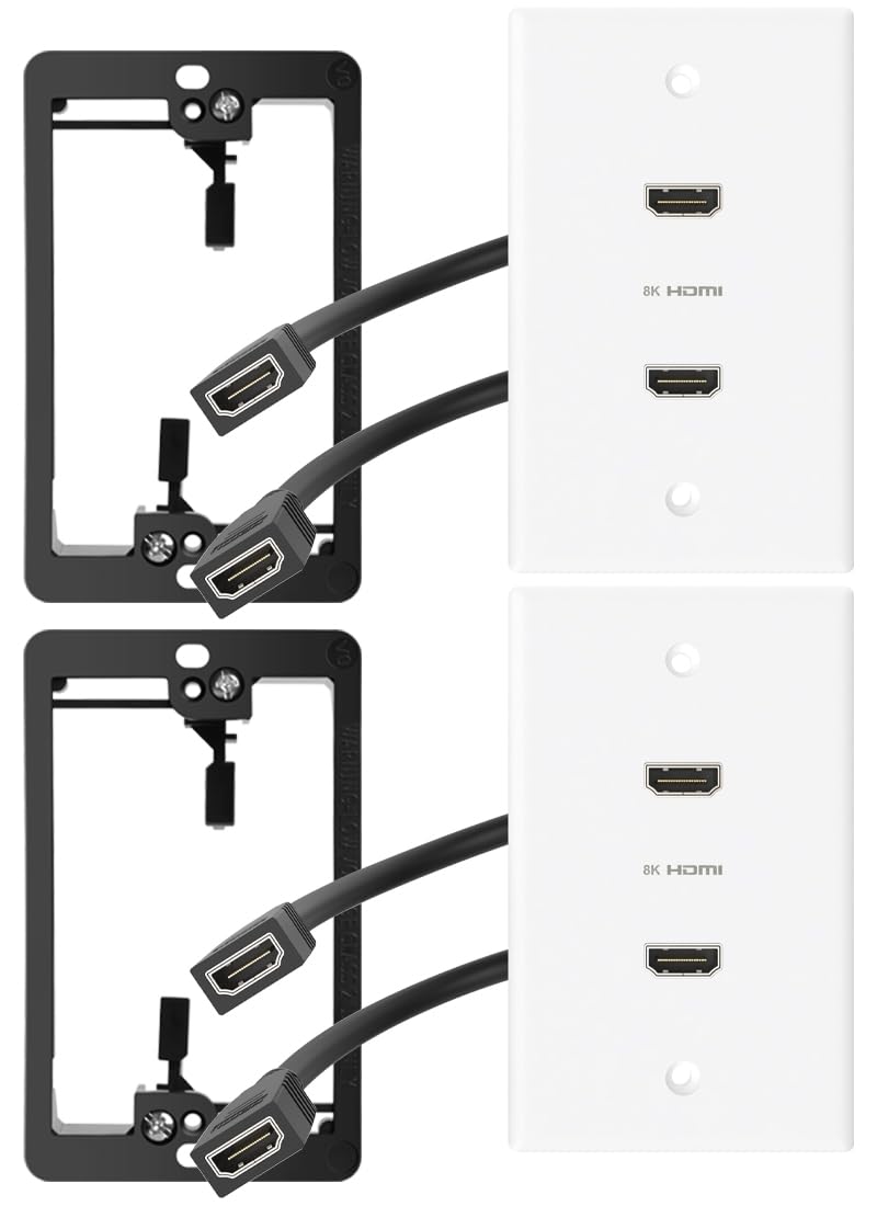 YOEMELY 8K HDMI Wall Plate in White, 2 Port, 2 Pack, HDMI Outlet Wall Plate with HDMI Wall Outlet Cable to Support 8K 60Hz and 4K 120Hz, Low Voltage Bracket for Drywall Mount - Image 1