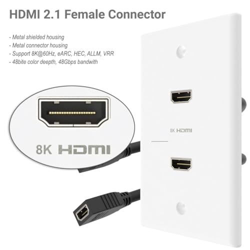YOEMELY 8K HDMI Wall Plate in White, 2 Port, 2 Pack, HDMI Outlet Wall Plate with HDMI Wall Outlet Cable to Support 8K 60Hz and 4K 120Hz, Low Voltage Bracket for Drywall Mount - Image 2