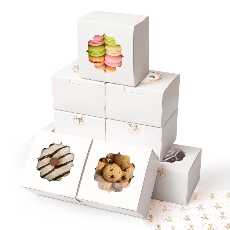 Shallive 4-Inch Small Cookie Boxes 50 Pcs White - Bakery Treat Boxes with Window for Gifting, To-go Containers for Cake Slice, Macarons, Donuts 4x4x2.5 - Image 1