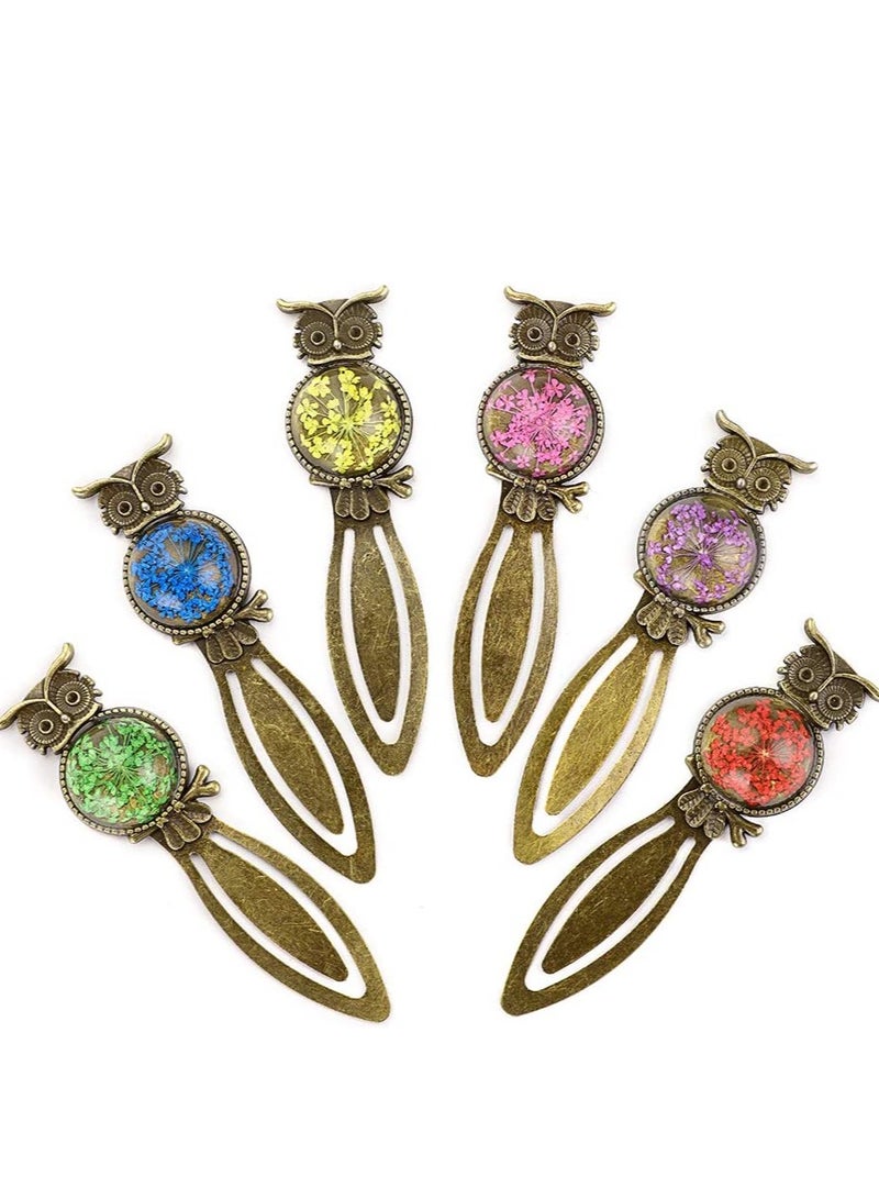 Excefore Metal Bookmark Clips Vintage Owl Dried Flower Mixed Color Bookmark Pendant Tray Kit Elegant Metal Bookmark for Kids Birthday Party Favors Student Teacher 6PCS - Image 1