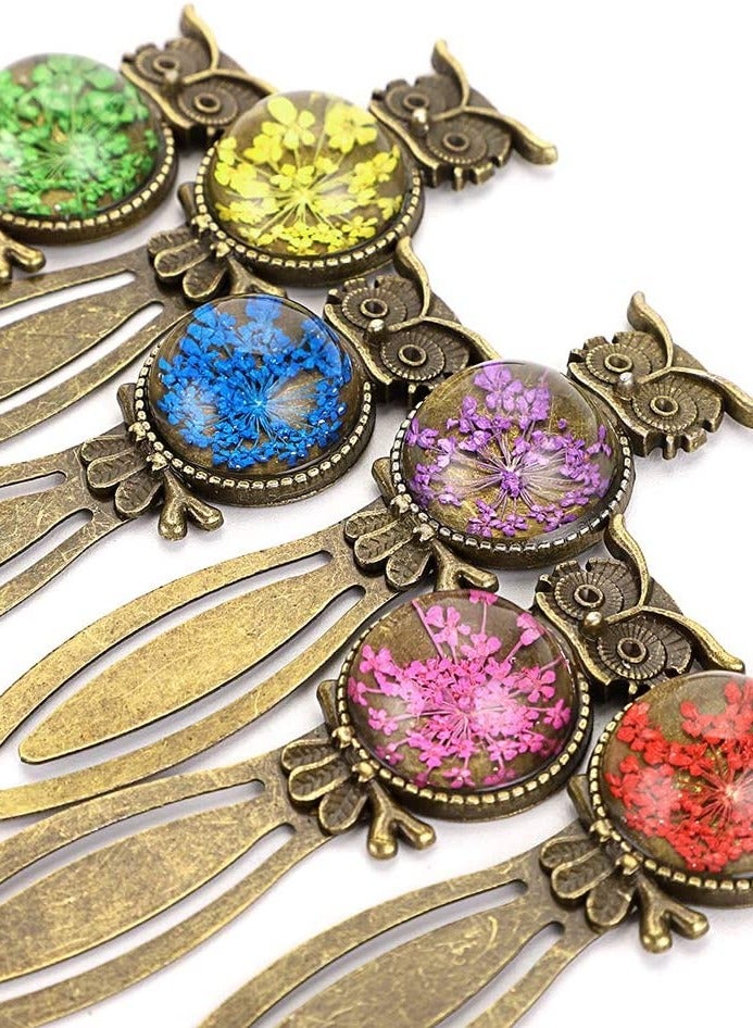 Excefore Metal Bookmark Clips Vintage Owl Dried Flower Mixed Color Bookmark Pendant Tray Kit Elegant Metal Bookmark for Kids Birthday Party Favors Student Teacher 6PCS - Image 5