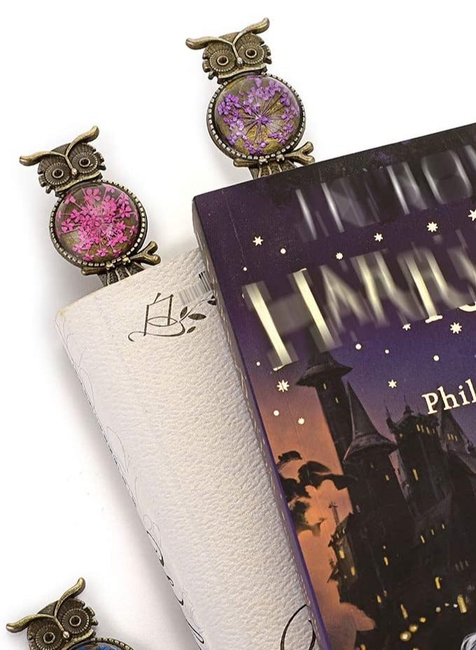 Excefore Metal Bookmark Clips Vintage Owl Dried Flower Mixed Color Bookmark Pendant Tray Kit Elegant Metal Bookmark for Kids Birthday Party Favors Student Teacher 6PCS - Image 3