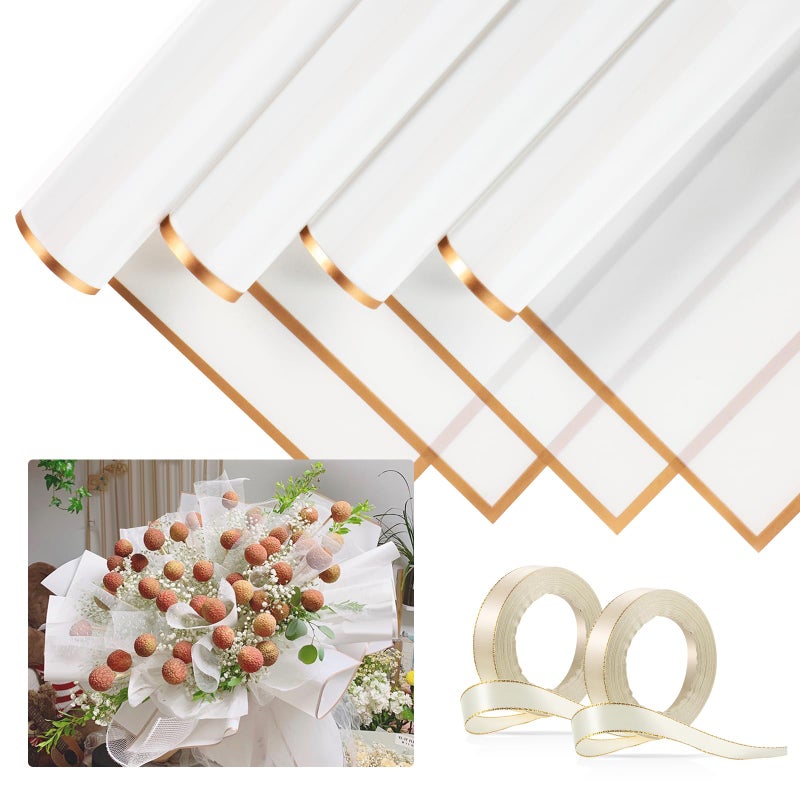 Tenare 36 Pieces Waterproof Flower Wrapping Paper Frosted Bouquet Wrapping Paper and 50 Yards Double Face Satin Ribbon for Graduation Bouquet SuppliesWhite with Gold Trim
