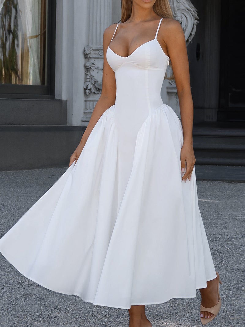 Summer Clothes For Women New V Neck Suspender Dress Long Women'S Clothing Waist-Revealing White Long Skirt - Image 3