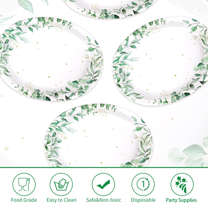 Grencian 50Pcs Spring Oval Paper Plates 10"" x 12"" Large Disposable 400GSM Heavy Duty Watercolor Eucalyptus Paper Platters Sage Green Leaves Dessert Plates for Summer Baby Shower Picnic Wedding Dinner Supplies - Image 3
