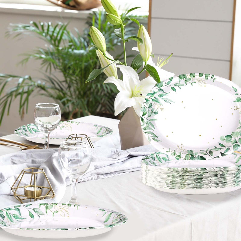 Grencian 50Pcs Spring Oval Paper Plates 10"" x 12"" Large Disposable 400GSM Heavy Duty Watercolor Eucalyptus Paper Platters Sage Green Leaves Dessert Plates for Summer Baby Shower Picnic Wedding Dinner Supplies - Image 5