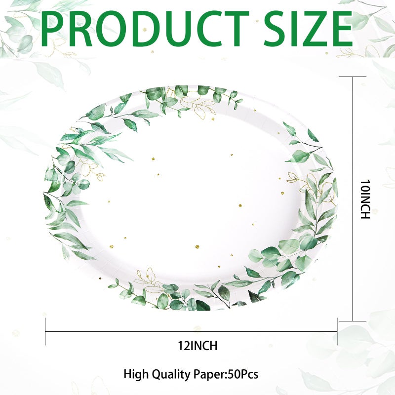 Grencian 50Pcs Spring Oval Paper Plates 10"" x 12"" Large Disposable 400GSM Heavy Duty Watercolor Eucalyptus Paper Platters Sage Green Leaves Dessert Plates for Summer Baby Shower Picnic Wedding Dinner Supplies - Image 2