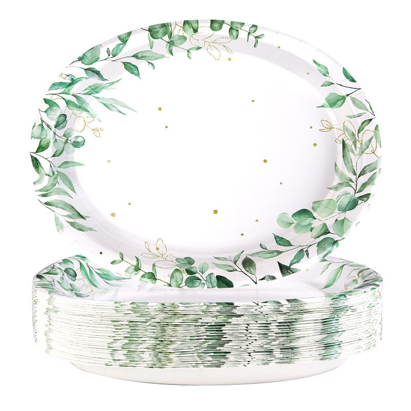 Grencian 50Pcs Spring Oval Paper Plates 10"" x 12"" Large Disposable 400GSM Heavy Duty Watercolor Eucalyptus Paper Platters Sage Green Leaves Dessert Plates for Summer Baby Shower Picnic Wedding Dinner Supplies - Image 1
