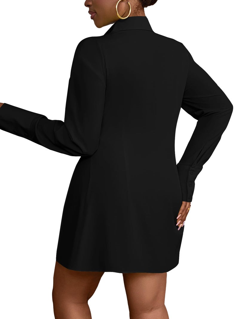 LYANER Women's Button Down Shirt Dress Collar V Neck Long Sleeve Slit Sexy Shirt Dresses Black Medium - Image 2