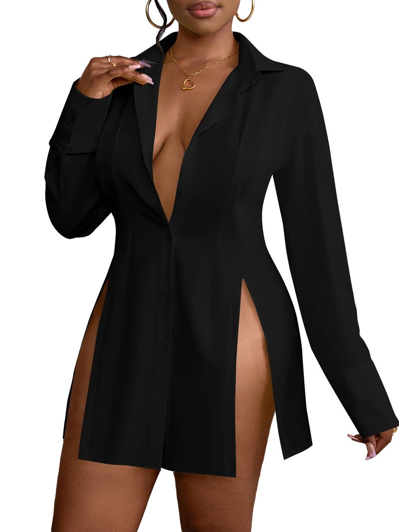 LYANER Women's Button Down Shirt Dress Collar V Neck Long Sleeve Slit Sexy Shirt Dresses Black Medium - Image 3