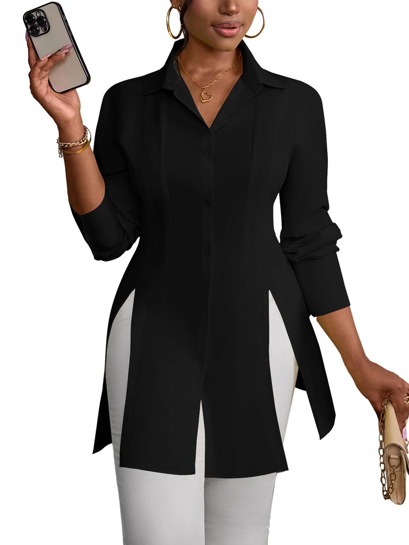 LYANER Women's Button Down Shirt Dress Collar V Neck Long Sleeve Slit Sexy Shirt Dresses Black Medium - Image 5