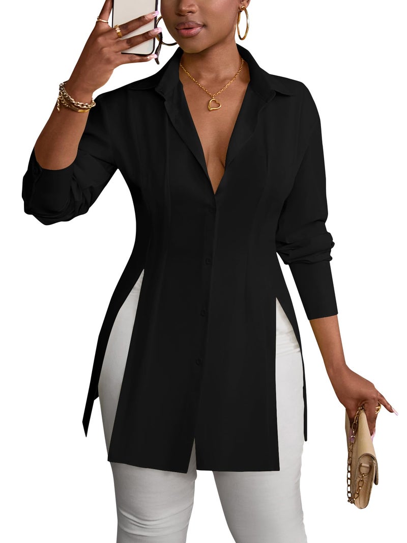 LYANER Women's Button Down Shirt Dress Collar V Neck Long Sleeve Slit Sexy Shirt Dresses Black Medium - Image 4