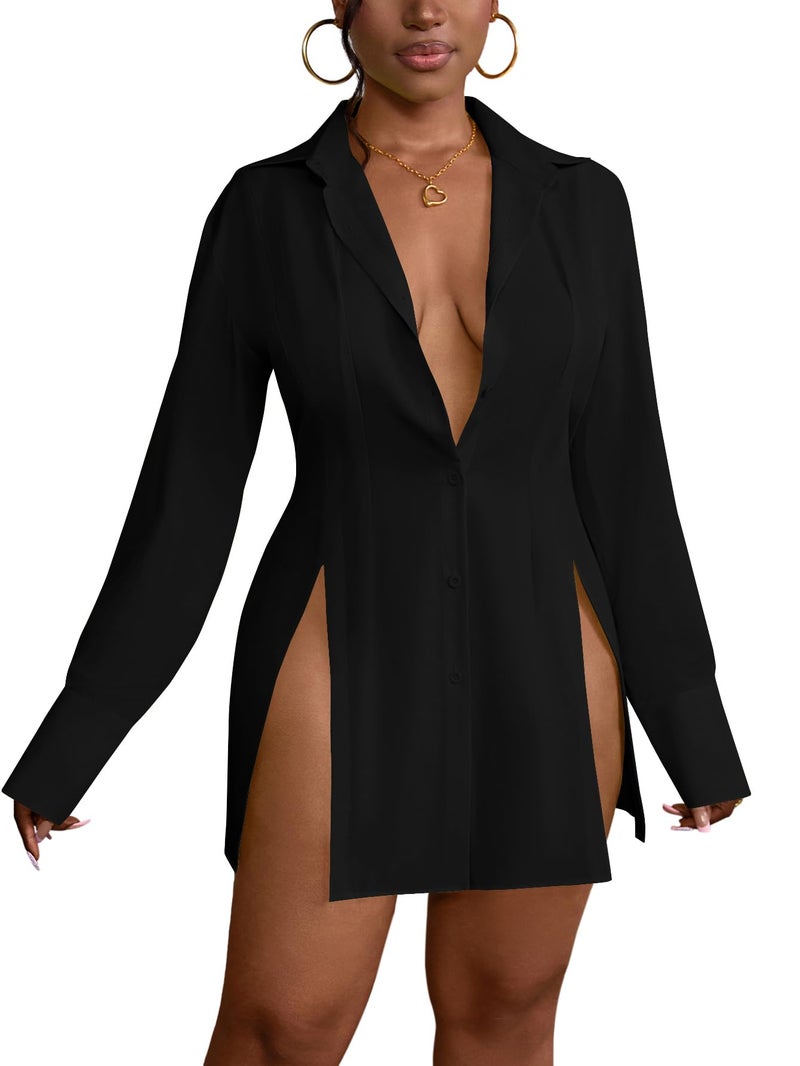LYANER Women's Button Down Shirt Dress Collar V Neck Long Sleeve Slit Sexy Shirt Dresses Black Medium - Image 1