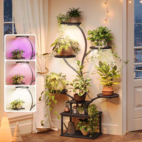 PRAISUN 51 Inch Plant Stand with Grow Lights, 8 Tiered Indoor Plant Shelf with Larger Flower Holder, Curved-tubed Design, 3 Light Modes, Corner Plant Rack for Living Room, Black - Image 1