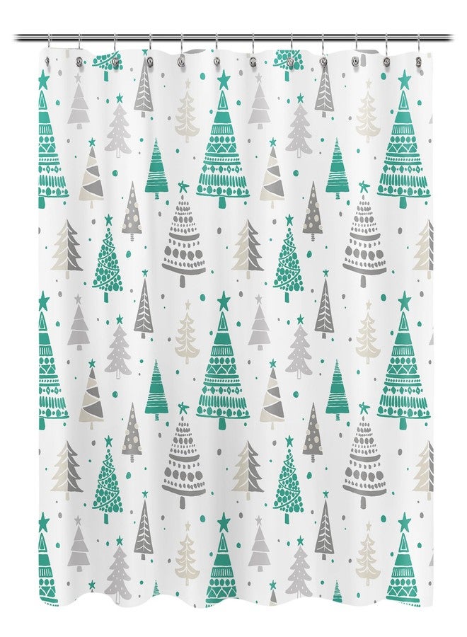 Sunlit Christmas Shower Curtain, Green and Gray Xmas Trees with Stars and Snow Pattern Shower Curtains for Bathroom Decor, Winter Snowflake Pine Tree Bathroom Curtains, 71x71 Inch - Image 1