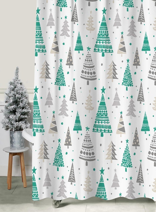Sunlit Christmas Shower Curtain, Green and Gray Xmas Trees with Stars and Snow Pattern Shower Curtains for Bathroom Decor, Winter Snowflake Pine Tree Bathroom Curtains, 71x71 Inch - Image 2