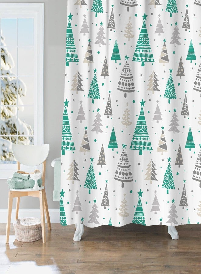 Sunlit Christmas Shower Curtain, Green and Gray Xmas Trees with Stars and Snow Pattern Shower Curtains for Bathroom Decor, Winter Snowflake Pine Tree Bathroom Curtains, 71x71 Inch - Image 3