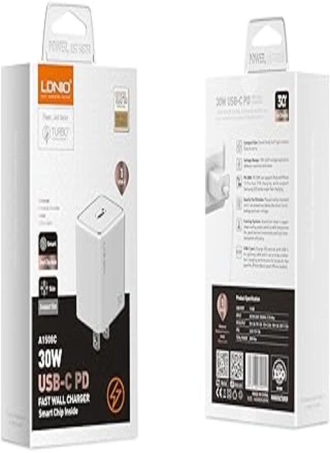 LDNIO - LDNIO A1508C Fast Wall Charger With Cable From Type C To Lightning With US Single USB PD 30W - White - Image 1