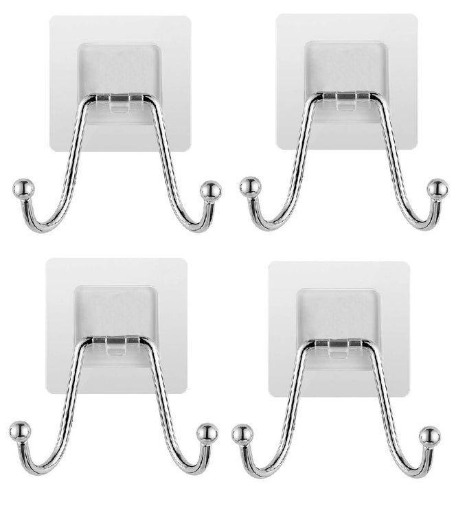 STAINLESS STEEL WALL HANGERS BATH TOWEL DOUBLE HOOK SELF ADHESIVE HOOKS STICK ON WALL HANGING DOOR CLOTHES HOLDER UTILITY HANGING HOOKS STORAGE STEEL DOUBLE HOOK 4