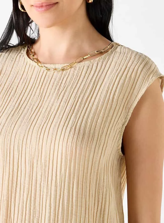 Iconic Iconic Pleated Sleeveless Top with Round Neck