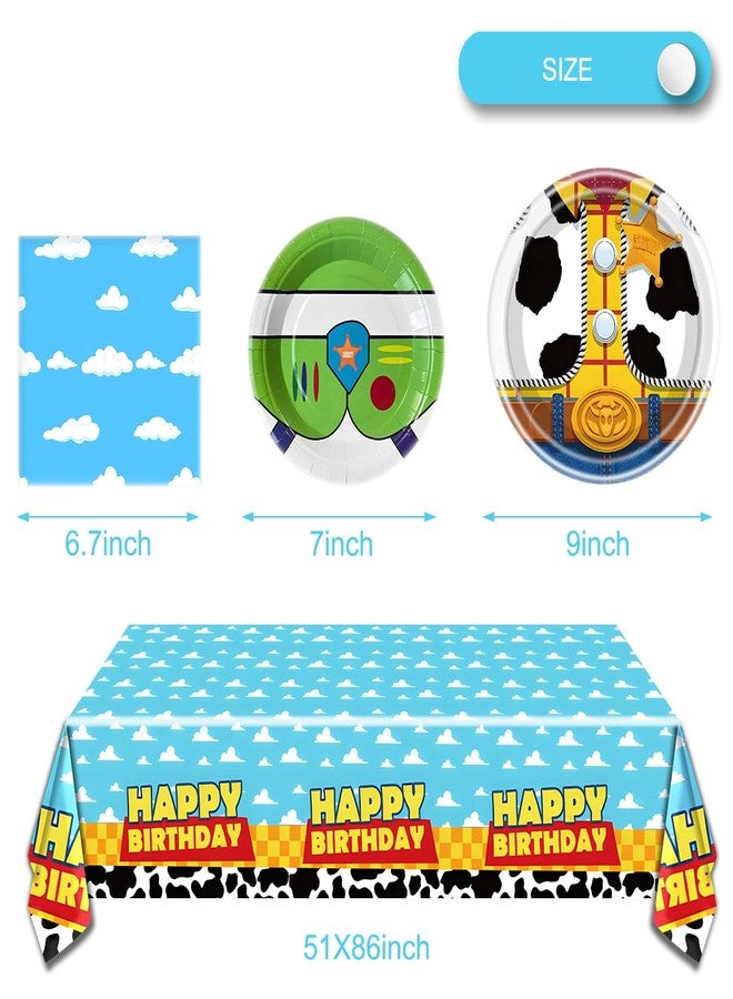 OULUN Cartoon Story Party Tableware Set, Blue Sky White Cloud Cow Tablecloth, Toy Theme Birthday Party Tableware Set - Image 2
