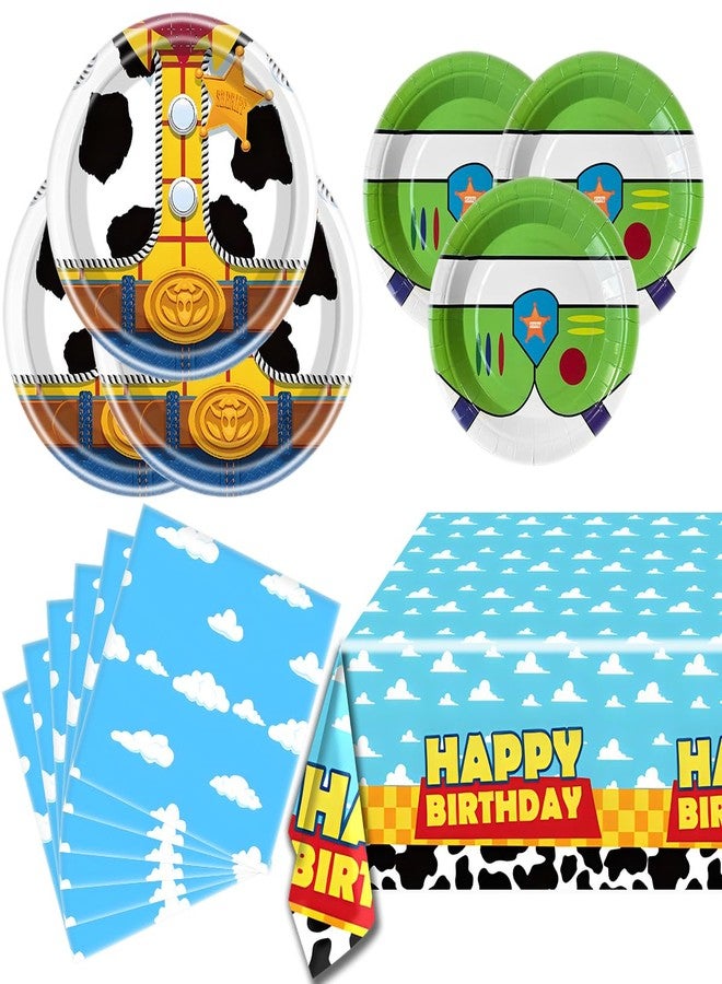 OULUN Cartoon Story Party Tableware Set, Blue Sky White Cloud Cow Tablecloth, Toy Theme Birthday Party Tableware Set - Image 1