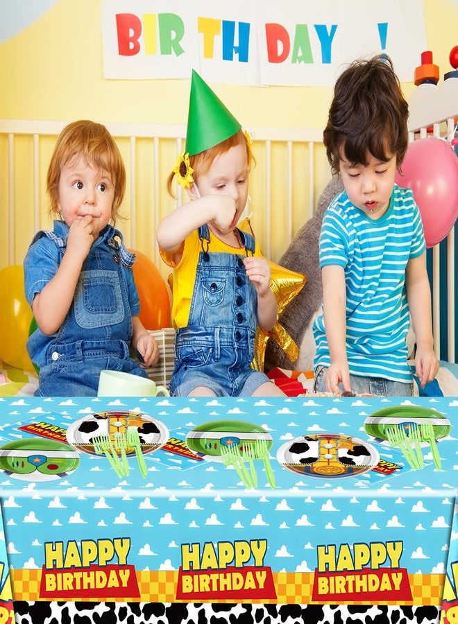 OULUN Cartoon Story Party Tableware Set, Blue Sky White Cloud Cow Tablecloth, Toy Theme Birthday Party Tableware Set - Image 5
