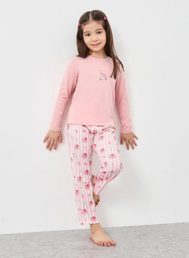 ستايلي Styli Round Neck T-Shirt and Floral Print Pyjama Set