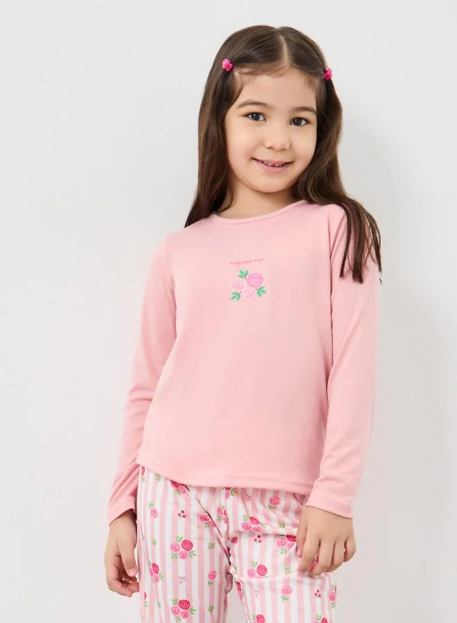 ستايلي Styli Round Neck T-Shirt and Floral Print Pyjama Set