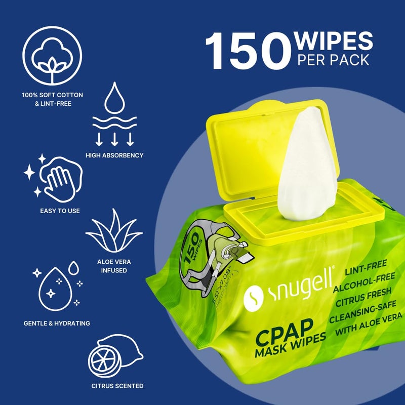 Snugell CPAP Mask Wipes â€“ Soft Cotton with Aloe Vera, Lint & Alcohol Free â€“ CPAP Cleaning Wipes for Masks, Tubes & Devices, Travel Size, 150 Count (Pack of 1) â€“ Citrus Scent - Image 2