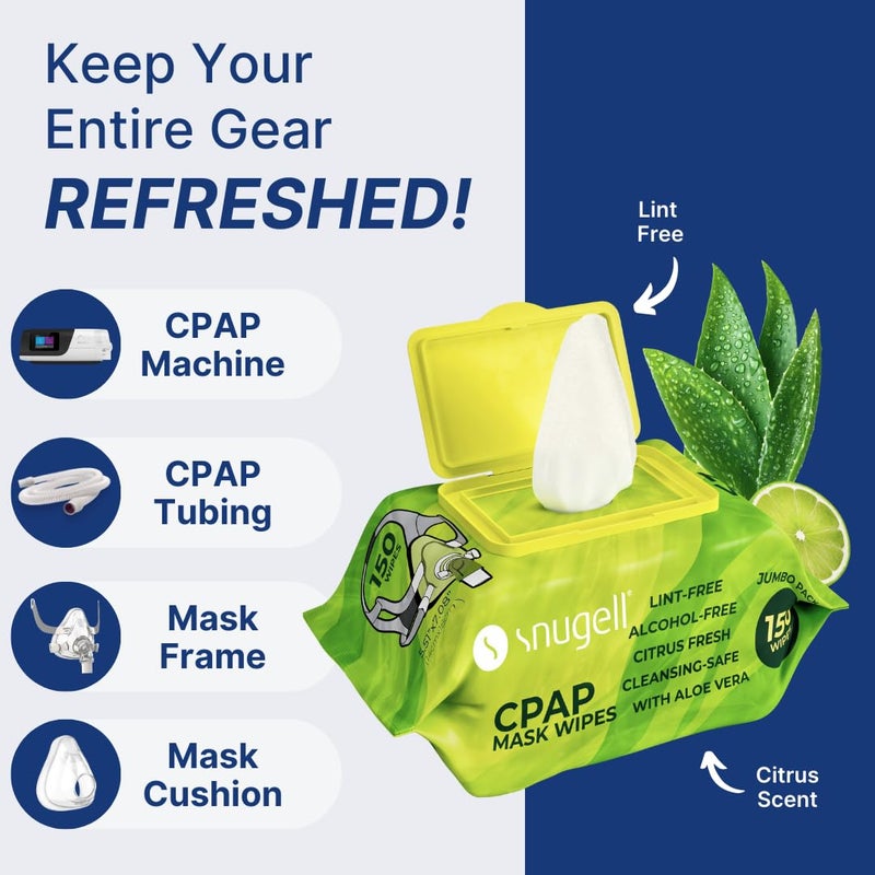 Snugell CPAP Mask Wipes â€“ Soft Cotton with Aloe Vera, Lint & Alcohol Free â€“ CPAP Cleaning Wipes for Masks, Tubes & Devices, Travel Size, 150 Count (Pack of 1) â€“ Citrus Scent - Image 4