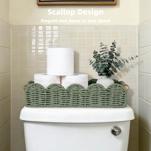 CubesLand Bathroom Basket Organizer wCut Out Handle Back of Toilet Paper Storage Baskets Tray for Bathroom Countertop Decorative Scalloped Wicker Basket Also for Home Decor Living Room Green - Image 3