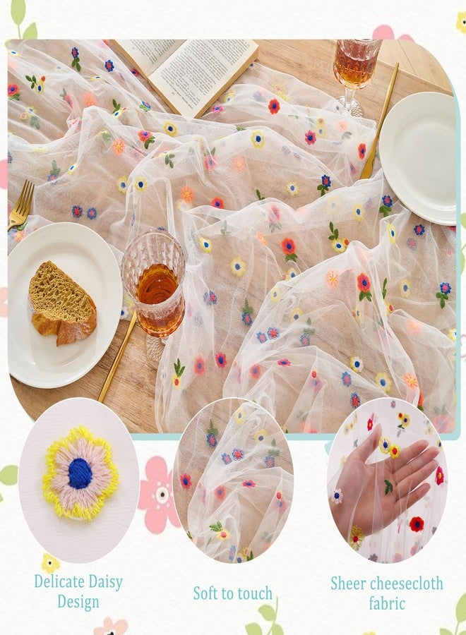 BINBE 1pcs Ivory Daisy Summer Table Runner Embroidery Gauze Spring 10FT Florals Seasonal Tulle Holiday Birthday Kitchen Dining Table Decor for Home Party - Image 3