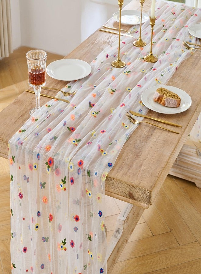 BINBE 1pcs Ivory Daisy Summer Table Runner Embroidery Gauze Spring 10FT Florals Seasonal Tulle Holiday Birthday Kitchen Dining Table Decor for Home Party - Image 2