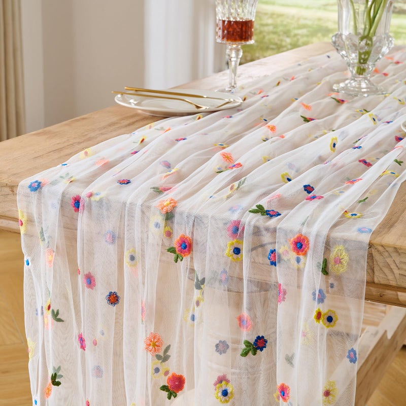 BINBE 1pcs Ivory Daisy Summer Table Runner Embroidery Gauze Spring 10FT Florals Seasonal Tulle Holiday Birthday Kitchen Dining Table Decor for Home Party - Image 1