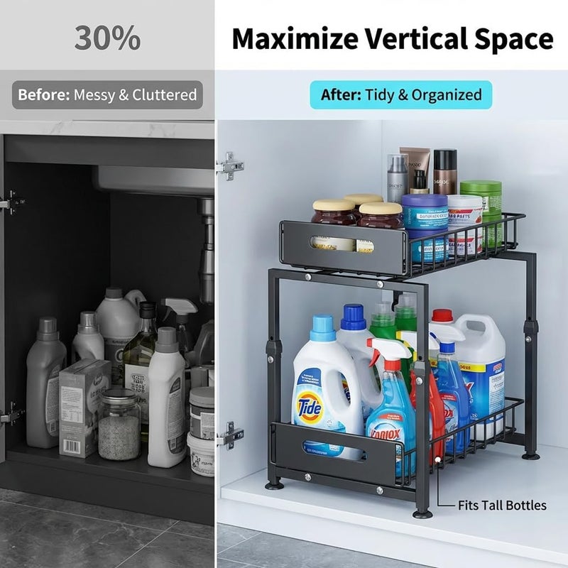 SALADAYS 2-Tier Pull-Out Metal Storage Rack for Kitchen Under Sink & Cabinets – Heavy-Duty Iron Organizer with Slide-Out Baskets, 41–49cm Adjustable Height, 29x37.5cm Base - Image 4
