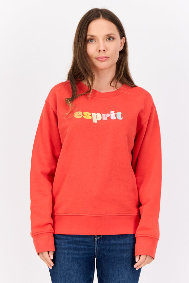 ESPRIT Women Crew Neck Long Sleeves Embroidered Logo  Sweatshirt, Red - Image 1