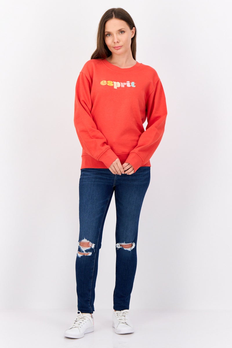 ESPRIT سويت شيرت نسائي بأكمام طويلة وياقة دائرية مع شعار مطرز، أحمر - Image 2