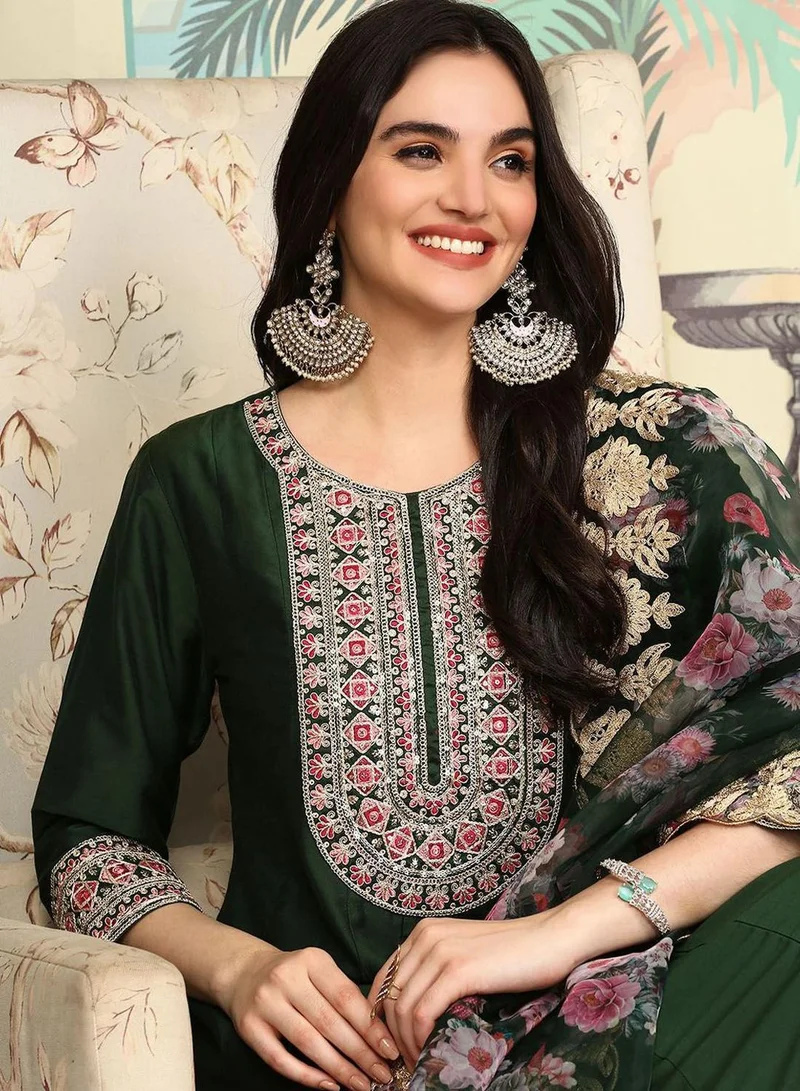 ISHIN Women's Dark Green Polyester Blend Embellished Tunic Full Length Casual Straight Fit Kurta Set