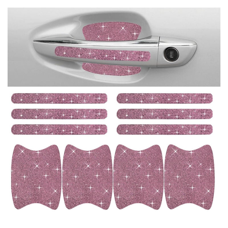 Pink Car Door Handle Protector: 8 Pcs Glossy Rhinestone Design - Reflective Scratch Guard for Universal Vehicle Exterior Decor - Image 1