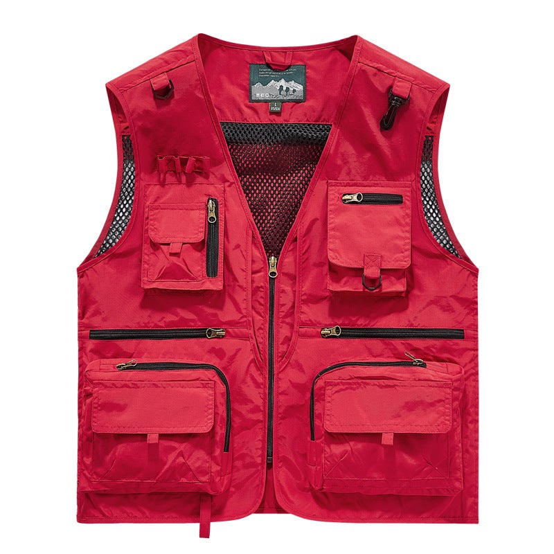 Cross-Border Wholesale Work Vest Mens Casual Work Outdoor Mountaineering Clothing Sleeveless Warm Multi-Functional Mesh See-Through Red - Image 1
