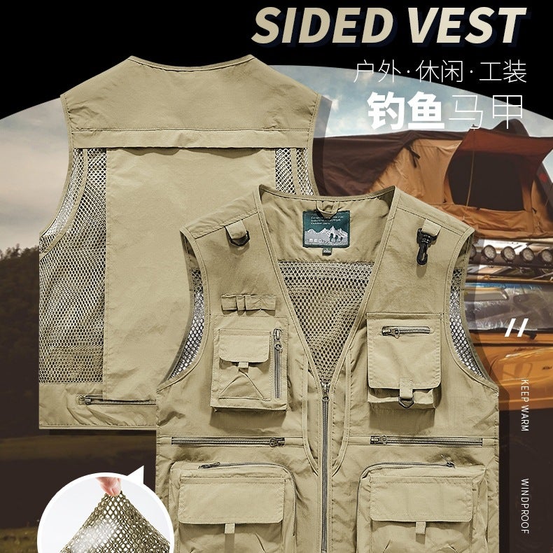 Cross-Border Wholesale Work Vest Mens Casual Work Outdoor Mountaineering Clothing Sleeveless Warm Multi-Functional Mesh See-Through Red - Image 5
