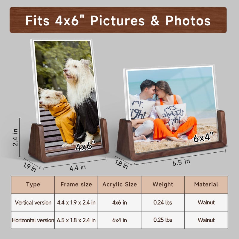 Komimaci 4x6 picture frames, Solid Rustic Wooden Photo Frames with Walnut Wood Base and High Definition Acrylic Glass Covers - 4 Pack for Tabletop or Desktop Display (4x6 inch, 4 Pack) - Image 3