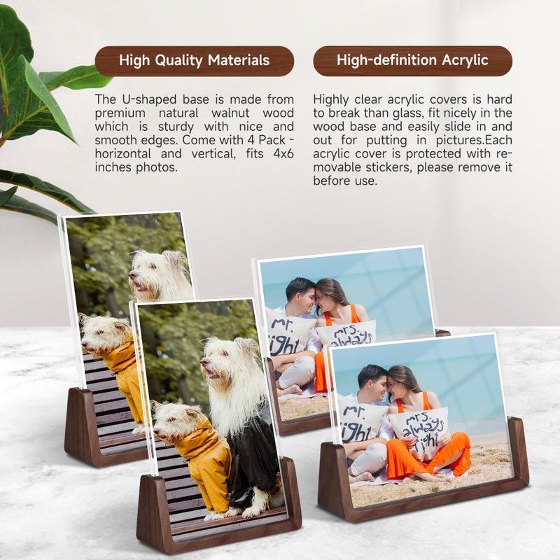 Komimaci 4x6 picture frames, Solid Rustic Wooden Photo Frames with Walnut Wood Base and High Definition Acrylic Glass Covers - 4 Pack for Tabletop or Desktop Display (4x6 inch, 4 Pack) - Image 4