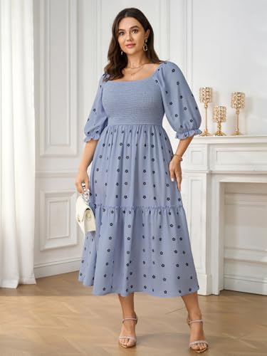 SCOMCHIC Women's Plus Size Maxi Dress Puff Short Sleeve Square Neck Floral Casual Boho Tiered Smocked Ruffle Flowy Long Dresses - Image 3