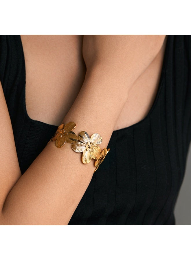 NOORISH 18K Gold Plated Wide Cuff Bracelet, Floral Design Vintage European Style Open Bangle, Textured Metal Statement Hand Jewelry for Women - Image 2