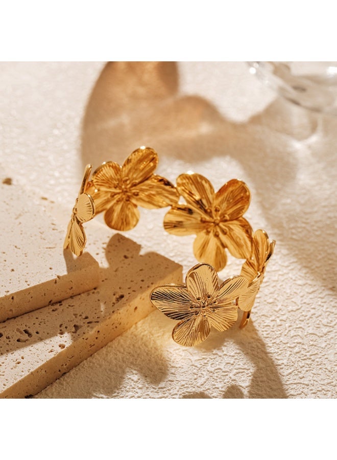 NOORISH 18K Gold Plated Wide Cuff Bracelet, Floral Design Vintage European Style Open Bangle, Textured Metal Statement Hand Jewelry for Women - Image 4