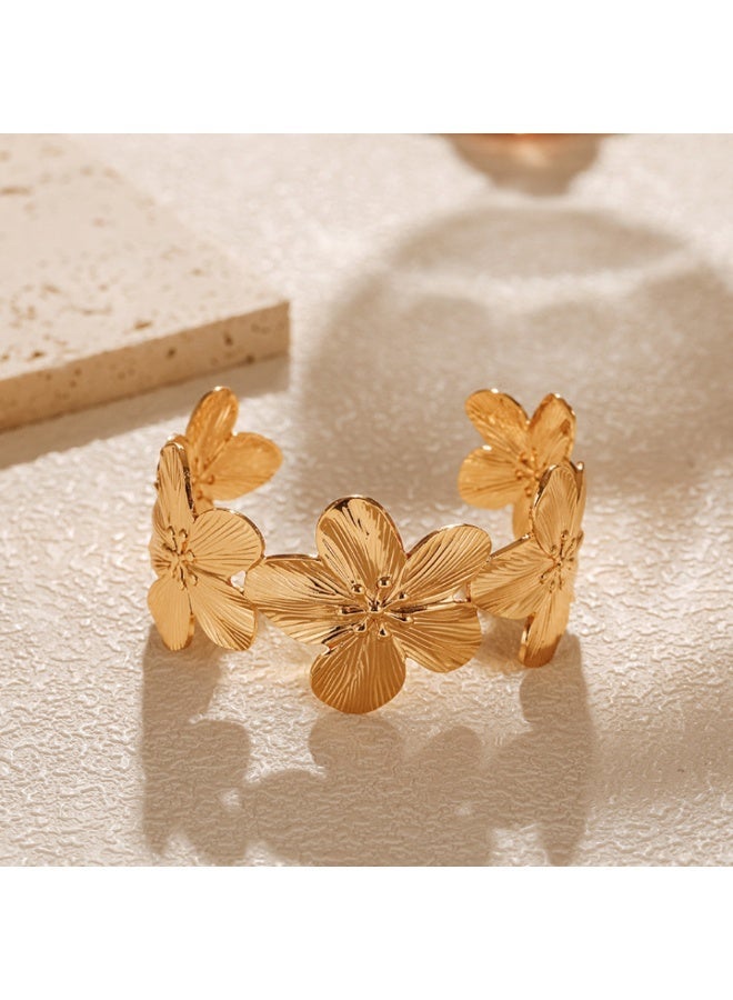 NOORISH 18K Gold Plated Wide Cuff Bracelet, Floral Design Vintage European Style Open Bangle, Textured Metal Statement Hand Jewelry for Women - Image 3