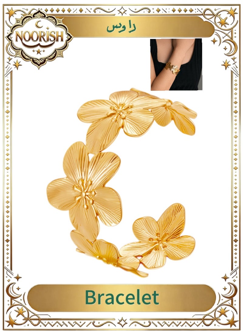 NOORISH 18K Gold Plated Wide Cuff Bracelet, Floral Design Vintage European Style Open Bangle, Textured Metal Statement Hand Jewelry for Women - Image 1